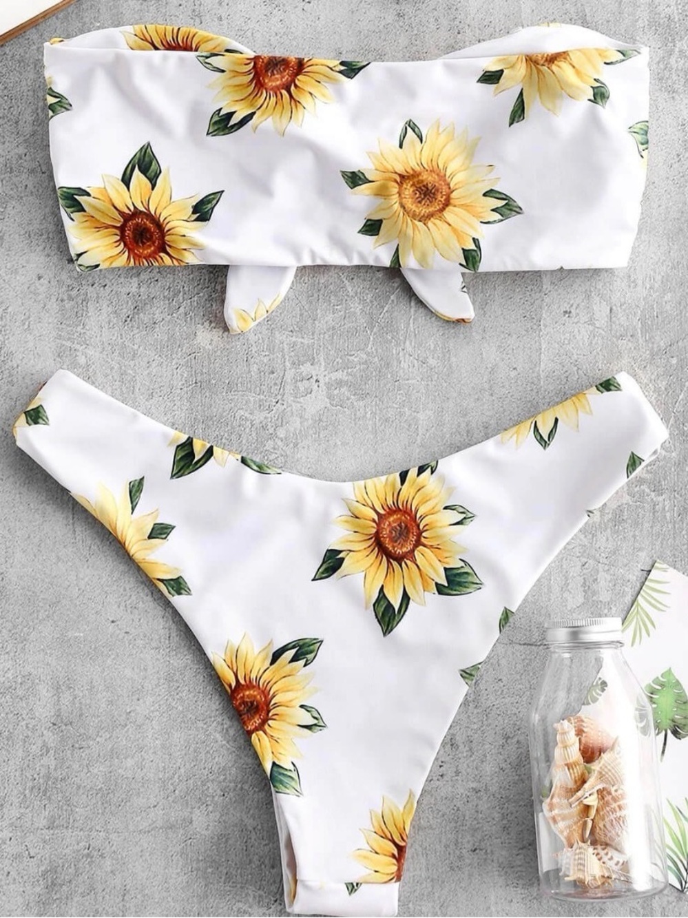 White Sunflower Print Bandeau Bikini Set